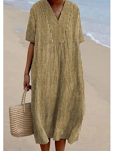  Damen Midikleid Sommerkleid A Linie Kleid Urlaub Lässig Strand Party Ausgehen Strand Lässiger Schnitt Grafik Geometrisch Gestreift Halbarm V Ausschnitt Gelb Blau Dunkelgray Sommer Frühling