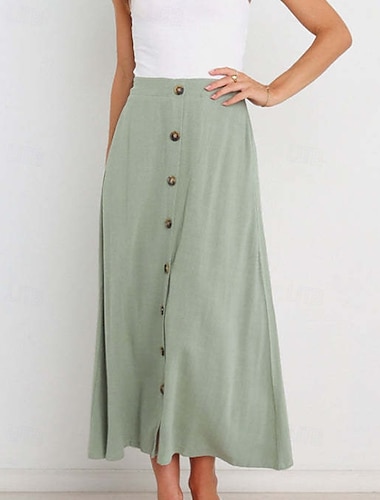 Dames Rok Basic Casual Midi Medium taille Rokken Effen Met ruches Micro-elastisch Vakantie Straat Zwart Wit Muntgroen Groen Zomer Katoen