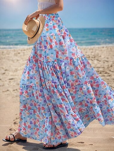  Damen Asiatische Größe Rock Schwingend Lang Sommer Maxi Hoher Bund Röcke Blumen Farbblock Geschichtet Chiffon Druck Mikroelastisch Urlaub Alltagstauglich Weiß Rosa Rote Blau Sommer Chiffon