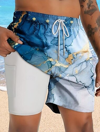  Herren Geometrisch Marmor Abstrakte Kunst Gefütterte Shorts 2 in 1 Badeshorts Badeshorts Mittlere Taille Hawaiianisch Urlaub Ferien Strandbekleidung Seitentaschen Mit Kompressionsfutter Elastischer