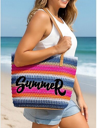  Bunte Sommertasche für Damen mit „Sommer“-Aufdruck – stylische gehäkelte Strandtasche für Urlaub und Pool