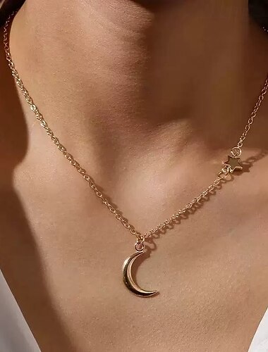  Colar com pingente de flor de amor, corrente de clavícula simples, moda popular, liga metálica, lua, estrelas