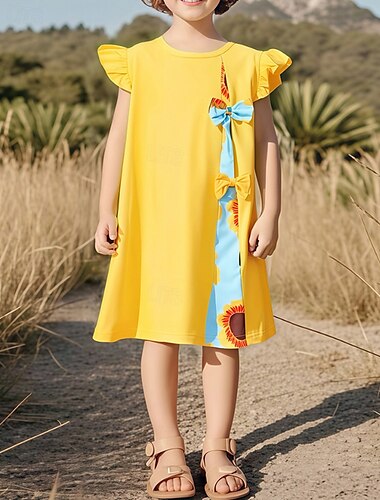  Enfants Fille Robe Bloc de Couleur Sans manches Extérieur Patchwork Adorable Basique Coton Mi-long Robe Décontractée Été 4 ans et + Jaune