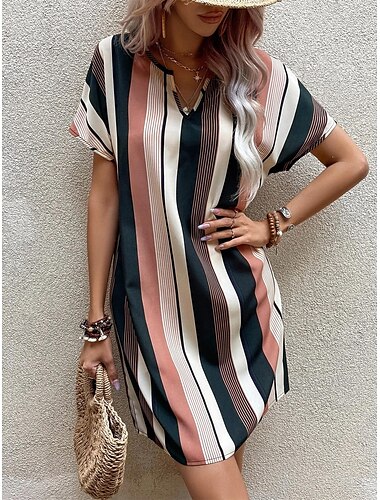  Damen Minikleid Elegantes Kleid Stilvoll Sexy Lässig Normale Passform Gestreift Kurzarm V Ausschnitt Schwarz Sommer