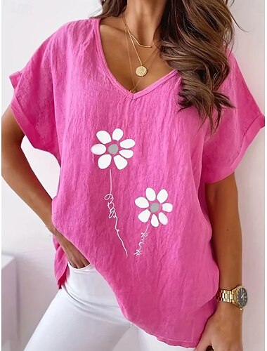  Dames Overhemd Bloemig Grafisch Planten Vintage Stijlvol Klassiek Korte mouw Strakke ronde hals Normale tops Dagelijks Strand Kleding Vakantiekleding Afdrukken Blozend Roze blauw Groen Zomer Lente