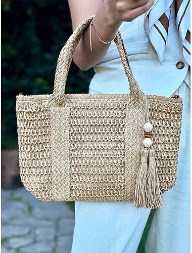  Borsa tote intrecciata bohémien da donna con nappe e perline di legno - dotata di tracolla regolabile, può essere indossata su una spalla o a tracolla, adatta per spiaggia, vacanze e uso all'aperto