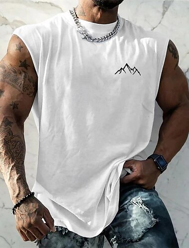  Herre Tanktop Vest Top Underskorte Ærmeløs skjorte Uden ærmer Rund hals Sommer Bjerg Mode Designer Basale Trykt mønster Ferierejse Gade I-byen-tøj Sort Hvid Grøn Top T-shirt til mænd