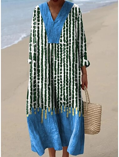  Damen Midikleid Sommerkleid A Linie Kleid Urlaub Lässig Boho Ausgehen Strand Lässiger Schnitt Grafik Langarm V Ausschnitt Schwarz Blau Orange Khaki Sommer Frühling