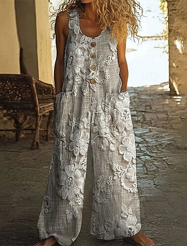  Dam Vanligt Jumpsuits Ledigt Blommig Ärmlös Brett skaft Rund hals Knappar Ficka Gata Dagligen Normal Grå Sommar