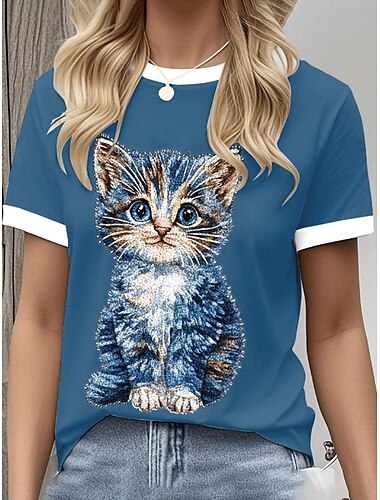  Damen T Shirt Grafik Tiermotiv Katze Vintage Stilvoll Klassisch Kurzarm Rundhalsausschnitt Rundhals Normale Oberteile Täglich Wochenende Druck Schwarz Weiß Blau Grau Sommer Frühling