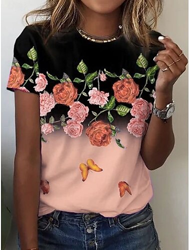  Mulheres Camiseta Âmbar Floral Gráfico Vintage à moda Clássico Manga Curta Gola Redonda Decote Redondo Tops regulares Diário Imprimir Rosa Azul Laranja Verão