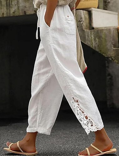  Mujer Pantalones de lino y polialgodón con textura Pantalones Cortos Moda Ropa de calle Confort Hasta el Tobillo Media cintura Plano Encaje Confortable Cómodo Calle Ropa Cotidiana Noche Negro Blanco
