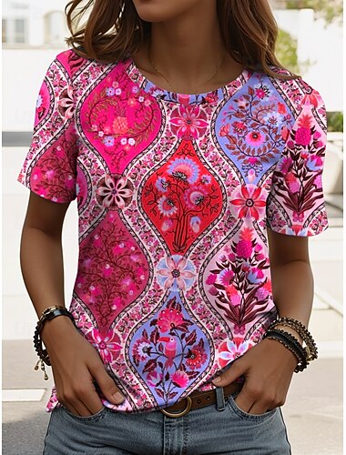  Mujer Camiseta Floral Graphic Geométrico Vintage Elegante Clásico Manga Corta Cuello Barco Tops regulares Diario Fin de semana Estampado Azul Piscina Fucsia Naranja Verano Primavera