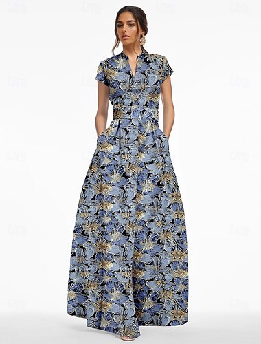  Corte A Vestidos de noche Elegante Vestido Formal Boda Hasta el Suelo Manga Corta Escote en Pico Bolsillo Nailon con Abertura Bolsillo 2025