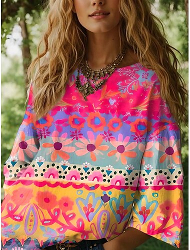  Damen Bluse Blumen Grafik Bohemien Täglich Ethnisch Dreiviertelarm Rundhalsausschnitt U-Boot-Ausschnitt Normale Oberteile Täglich Ferien Urlaubskleidung Druck Rosa Rote Blau Rosa Sommer Frühling