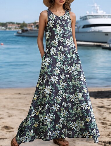  Damen Maxikleid A Linie Kleid Sommerkleid Boho Täglich Ferien Normale Passform Blumen Farbblock Ärmellos Rundhalsausschnitt Weiß Blau Sommer