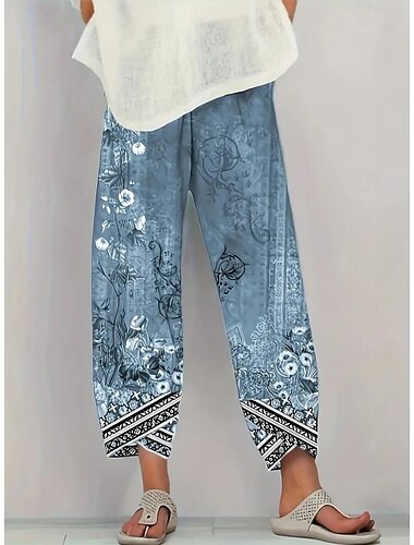  Damen Weites Bein Chinos Baggy-Hosen Urlaub Vintage Ethno-Stil Knöchellang Hohe Taille Blumen Grafik Drucken Thermowarm Atmungsaktiv Weich Mikroelastisch Urlaub Straße Lässig Asche Violett Rubinrot