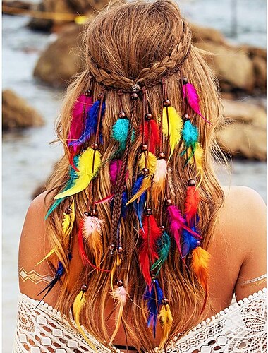  Diademas indias bohemias con arcoíris, tocado hippie de plumas, accesorios ajustables para el cabello con plumas largas para mujeres y niñas