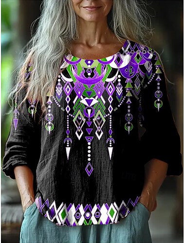 Dames Blouse Grafisch Geometrisch Vintage Etnisch Casual 3/4 mouw Strakke ronde hals Normale tops Dagelijks Feestdagen Vakantiekleding Afdrukken Rood Paars Groen Rose Roze Zomer Lente