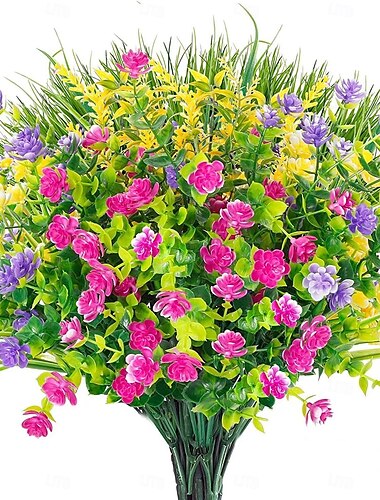  9 paquetes de flores artificiales para exteriores, eucalipto artificial y vegetación de césped primaveral, plantas de plástico resistentes a los rayos UV para decoración interior o exterior, hogar,
