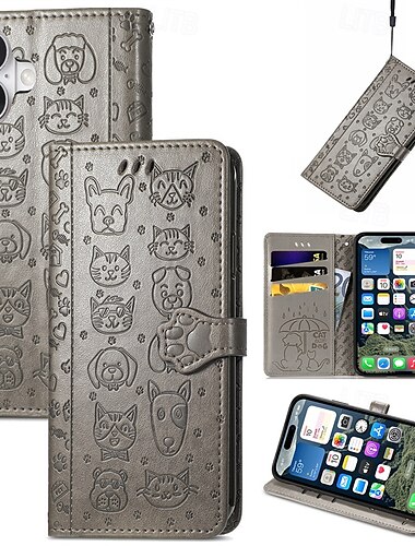  Handy Hülle Handyhüllen Für Apple AirTag iPhone 16 Pro Max Plus iPhone 15 14 Pro Max Plus iPhone 14 13 12 Pro Max Plus Brieftaschenhülle Flip-Cover Mit Handgelenkschlaufe Stoßfest Katze Hund TPU