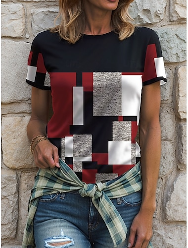  Femmes T-shirt Graphique Géométrique Bloc de Couleur ancien Élégant Classique Manche Courte Col ras du cou Col rond Hauts Réguliers Quotidien Imprimé Rouge Bleu Violet Vert Été Printemps