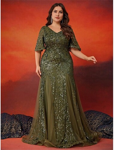  A-Linie Plus Size Kleider Elegantes Kurvenkleid Formelles Hochzeitskleid Bodenlang Kurzarm V-Ausschnitt Polyester mit Pailletten 2025