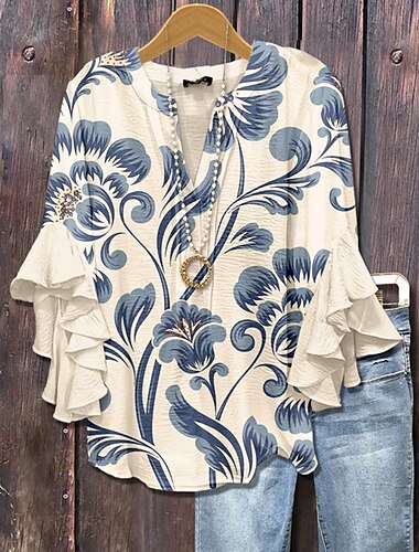  Damen T Shirt T-Shirt Blumen Grafik Mode Modern Halbarm V Ausschnitt Normale Oberteile Täglich Ausgehen Rüsche Druck Rote Blau Purpur Sommer Frühling