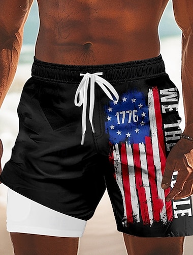  Självständighetsdagen Herr USA: s flagga Patriotisk Fjärde juli Fodrade shorts 2 i 1 simshorts Badshorts Medium Midja Helgdag Sidfickor Med kompressionsfoder Elastisk dragsko i midjan Designer Kläder