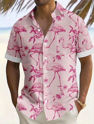  Miesten Flamingo Lintu Havaiji paita Button Up paita Havaijilaispaita Lyhythihainen Havaijilainen Loma Pyhäpäivä Ranta-asut Kesä Sänkyjen avaus 3D-tulostus Edessä yksi tasku Pellava kuin paita