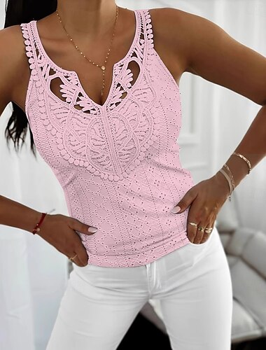  Dames Camisole Tanktop Effen Kleur Eenvoudig Elegant Casual Mouwloos V-hals Reguliere Tops Dagelijks Vakantie Kant Gerimpeld Zwart Wit Roze Groen Zomer Lente