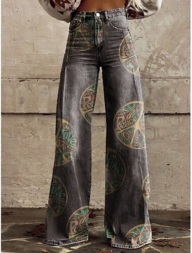  Retro Vintage Boho 1970er Hose Hose mit weitem Bein Hippie Disco Hohe Taille Blumen Jeans-Imitat Damen Karneval Alltagstauglich Musikfestival Retro-Mottoparty Erwachsene Hose