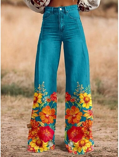  Rétro Vintage Boho Années 1970 Pantalon Pantalon à jambes larges Hippie Disco Taille haute Fleuri Style faux jean Femmes Carnaval Décontracté Quotidien Festival de Musique Soirée à thème rétro Adulte