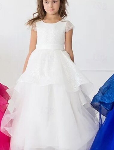  Ballkleid Bodenlang Blumenmädchenkleid Hochzeitsfeier Gefrorene Elsa Mädchen Süßes Ballkleid Tüll mit Gerafft Elegant Königlicher Stil Fit 3-16 Jahre