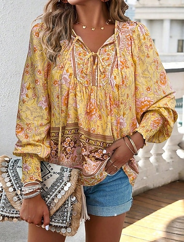  Damen Boho-Hemd Bluse Druck Blume Modern Boho Langarm V Ausschnitt Normale Oberteile Täglich Ausgehen Blau Gelb Rosa Marineblau Orange Sommer