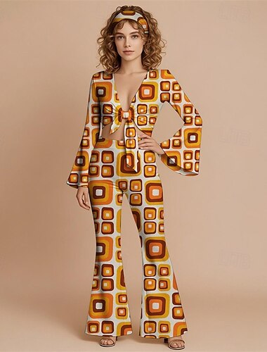  Retro Vintage 1970er Groovy Set mit Schlaghose und Schnürung vorne Hippie Disco Geometrisch Psychedelisch Damen Halloween Karneval Urlaub Musikfestival Festival Erwachsene Oberteil Hose Stirnband