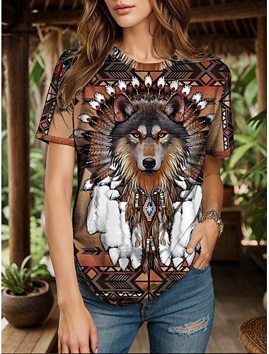  Femmes T-shirt Graphique Animal Géométrique ancien Élégant Classique Manche Courte Col ras du cou Col rond Hauts Réguliers Quotidien Week-end Imprimé Jaune Rouge Bleu Violet Vert Été Printemps