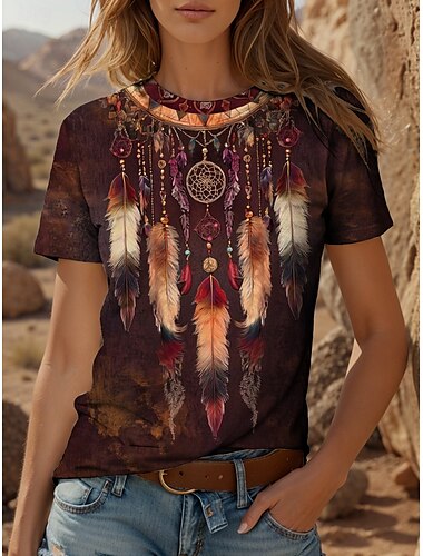  Femmes T-shirt Graphique Bohème ancien Élégant Manche Courte Col ras du cou Hauts Réguliers Quotidien Sortir Week-end Imprimé Jaune Rouge Bleu Violet Vert Été Printemps