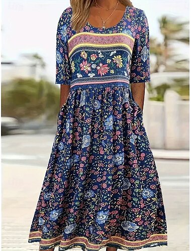  Femmes Robe Midi Robe d'été Robe Plissée Vacances Occasionnel Chaussures de plage Quotidien Fête Coupe Ample Fleuri Graphique Manche Courte Col ras du cou bleu marine Été