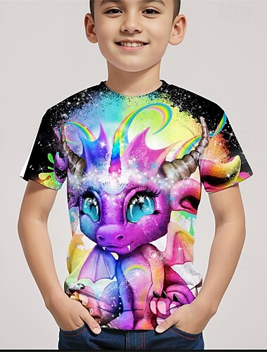  Rainbow Lil Dragonz by Sheena Pike Αγόρι T-shirt 3D Dragonz με κοντομάνικο καλοκαιρινό, ανοιξιάτικο, μοντέρνο, βασικό, παιδικό 4-12 ετών, με στρογγυλή λαιμόκοψη, για υπαίθριες δραστηριότητες, casual,