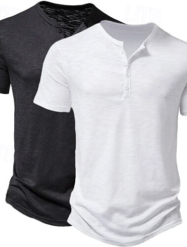  2er-Pack Herren-T-Shirt, Henley-Shirt, kurzärmlig, einfarbig, Designer, Basic, modern, zeitgenössisch, Knöpfe, einfarbig, Henley, Urlaub, Straße, lässig, Sommer, Henley-T-Shirt