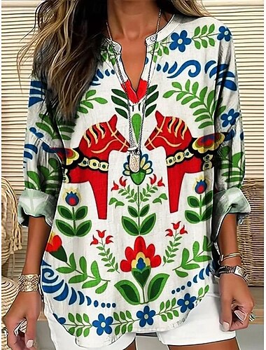  Mujer Blusa Floral Graphic Elegante Manga Larga Escote en Pico Tops regulares Diario Festivos Estampado Azul Piscina Verde Trébol Verano Primavera