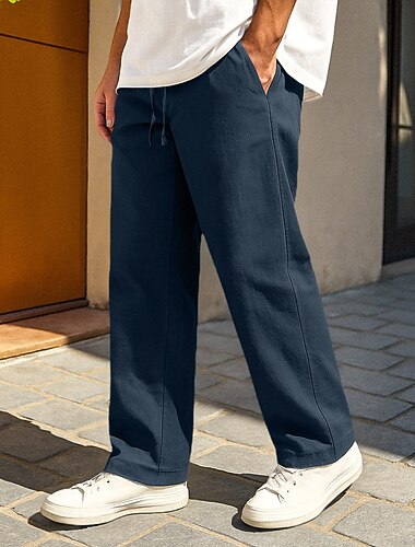  Homens Calças de linho Calças Calça verão Calças largas Calças de praia Com Cordão Cintura elástica Tecido Conforto Macio Comprimento total Diário Praia Férias Moda Preto Branco
