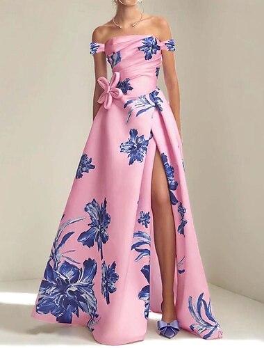 A-Linie Abendkleid Blumenmuster Elegantes Kleid Formelle Abendparty Bodenlänge Abnehmbare Ein-Schulter-Ärmel und Blumen mit Falten und Schlitz Hochzeitsgastkleid 2025