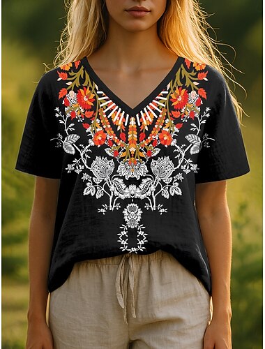  Women's T Shirt Floral Graphic Plants Classic Casual Boho Short Sleeve Crew Neck Regular Tops Daily Print Black Red Khaki Summer Spring