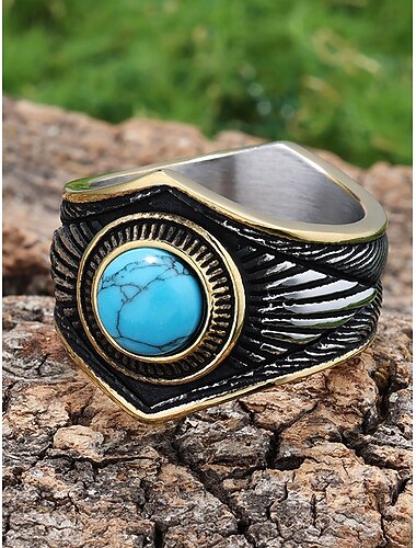  Anello vintage da uomo in acciaio inossidabile turchese – gioiello in stile tribale bohémien per abbigliamento casual, festival musicali o regali