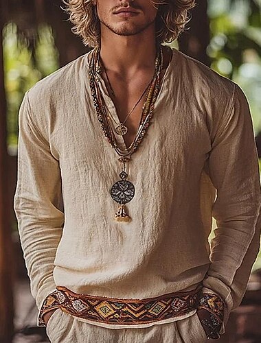  Herren Hemd Leinenhemd Popover-Hemd Sommerhemd Strandbekleidung Retro-Shirts Geometrisch Urlaub Straße Khaki Langarm V Ausschnitt Sommer Frühling Bekleidung Ethnisch & Religiös