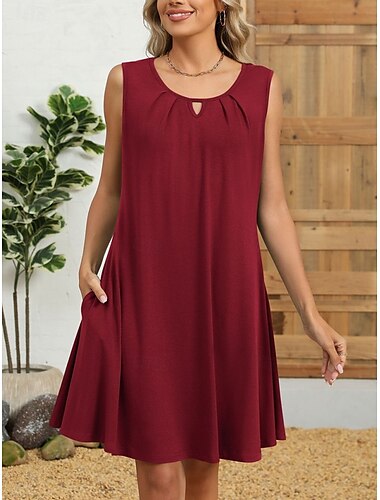  Damen Minikleid Sommerkleid Lässig Täglich Normale Passform Einfarbig Ärmellos Rundhalsausschnitt Schwarz Weiß Wein Marineblau Sommer