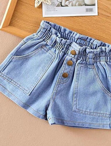  Kinder Mädchen Kurze Hose Einfarbig Niedlich Patchwork Schule 4-12 Jahre Sommer Blau Leicht Blau