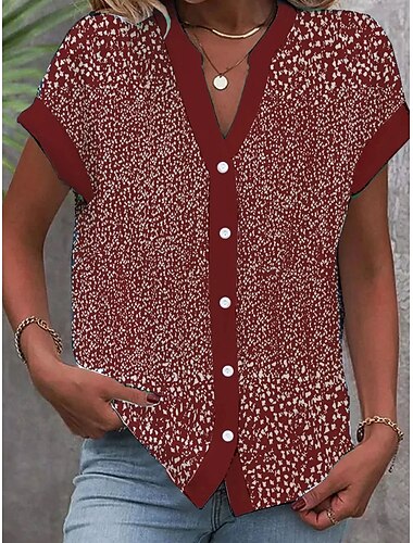  Mujer Blusa Floral Graphic Vintage Elegante Casual Manga Corta Escote en Pico Tops regulares Diario Botones Estampado Rojo Azul Piscina Morado Verano